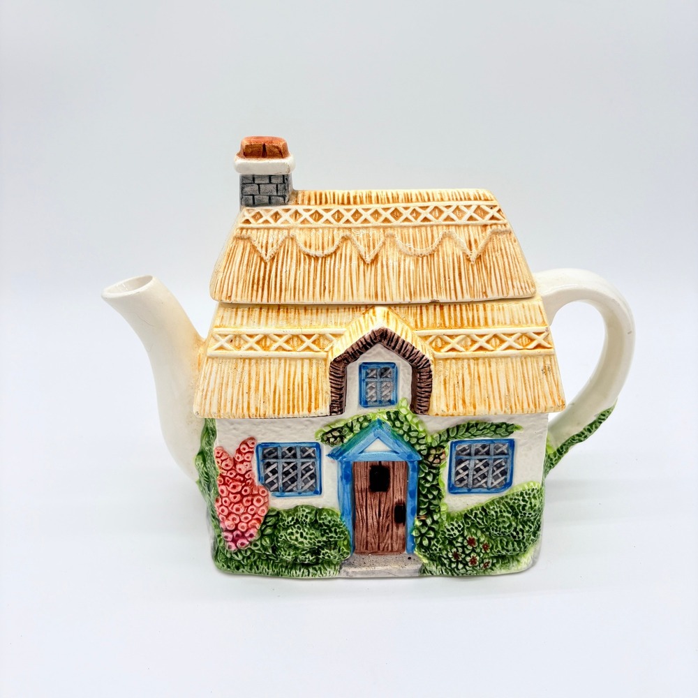 Vintage Cottagecore Thatched Roof House Teapot Ceramic English Country Decor